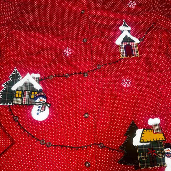 Embroidered Red polka dot Holiday snowman christmas women's Button Up shirt Med - Picture 5 of 5